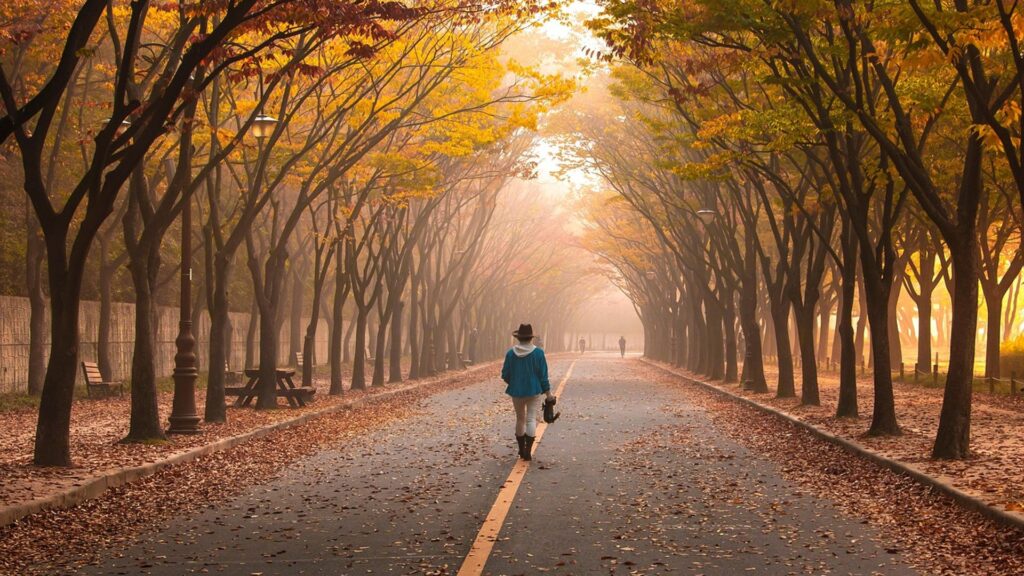 Frau geht eine herbstliche Allee entlang